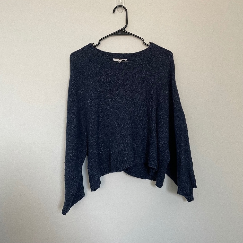 Jack by BB Dakota Sweater Women's LG Blue Flare Sleeve Crop Crew Neck Casual